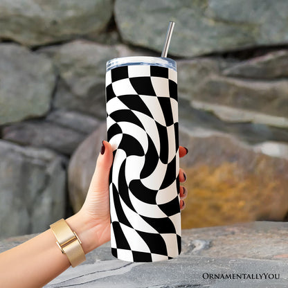 Black and White Checkerboard Swirl 20oz Personalized Tumbler With Lid and Stainless Steel Straw, Retro Optical Illusion Gift Cup