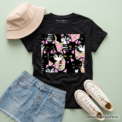 Floral Cat Pattern Kids T-Shirt, Cute Kitten Collage Tee for Youth Girls