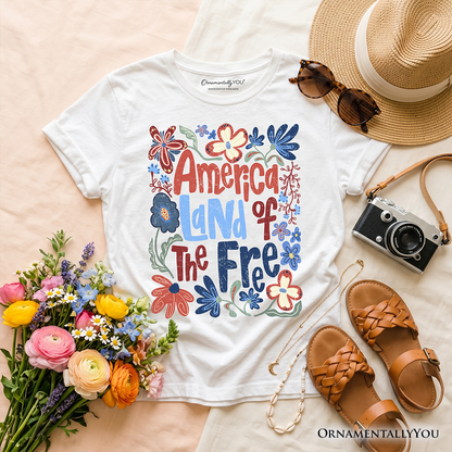 Kids America Land of the Free T-Shirt, Retro Youth Floral Independence Day Tee