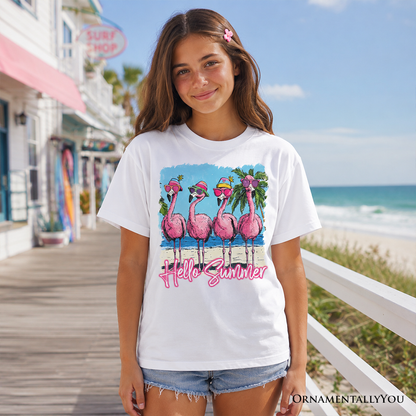 Kids Flamingo Hello Summer T-Shirt, Tropical Beach Vacation Youth Tee