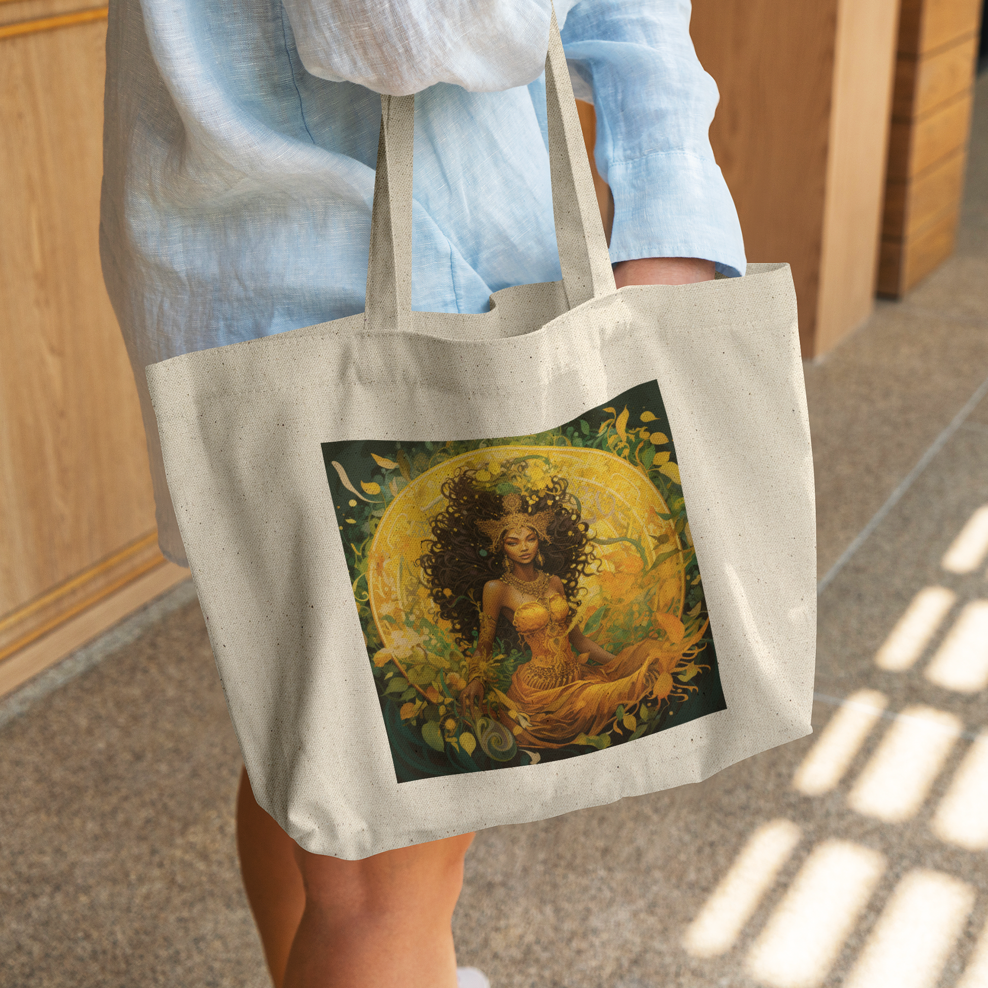 Golden_Sun_Goddess_Canvas_Tote_Bag__Bla_CottonTote_L_WomanDigging_Mockup.png_15600591
