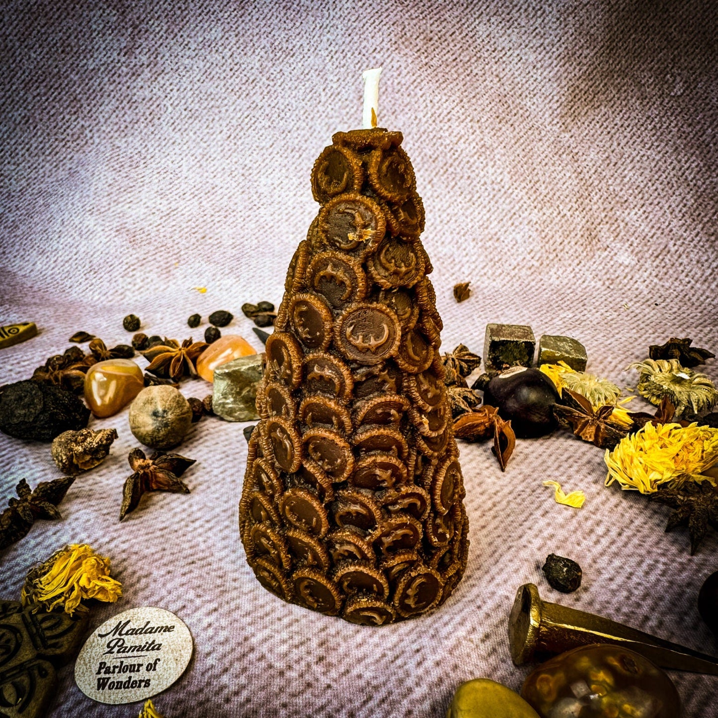Beeswax Cone of Coins Spell Candle - Money Magnet & Prosperity Magic