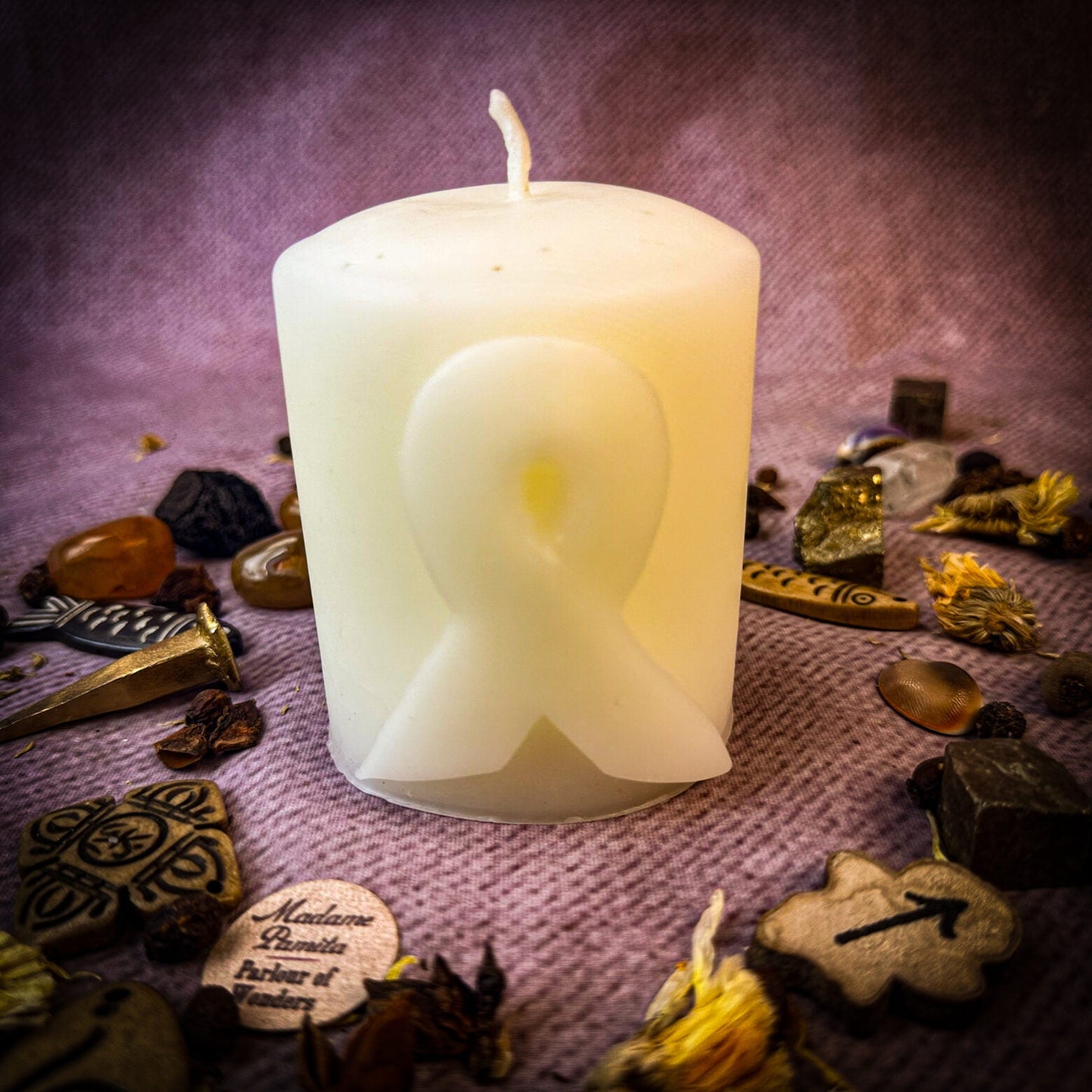Beeswax Awareness Ribbon Pillar Spell Candle - Honor Heroes & Support Causes