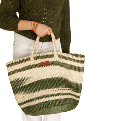 Healing Handmade Vegan Green and White Sisal Tote Basket Bag