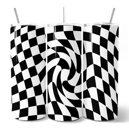 Black and White Checkerboard Swirl 20oz Personalized Tumbler With Lid and Stainless Steel Straw, Retro Optical Illusion Gift Cup