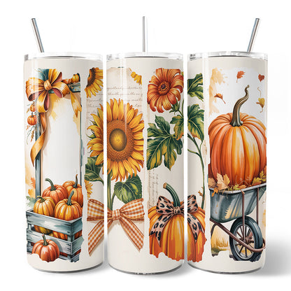 Pumpkin Season 20oz Personalized Tumbler With Lid and Stainless Steel Straw, Fall Sunflower Coquette Bow Autumn Gift Cup