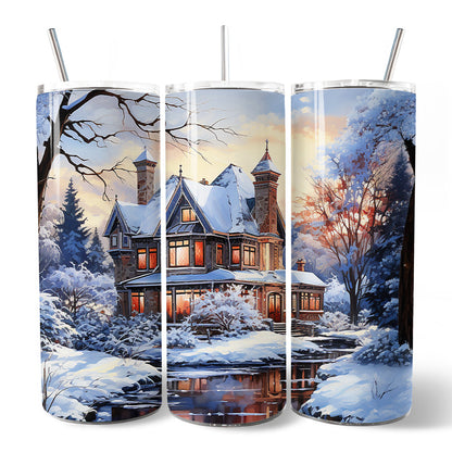 Watercolor Snowy Victorian Mansion Painting 20oz Personalized Tumbler With Lid and Stainless Steel Straw, Cozy Winter Estate Gift Cup