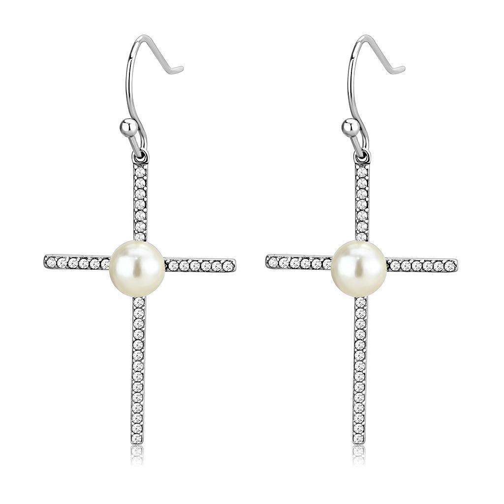 DA192 - High polished (no plating) Stainless Steel Earrings with Synthetic Pearl in White