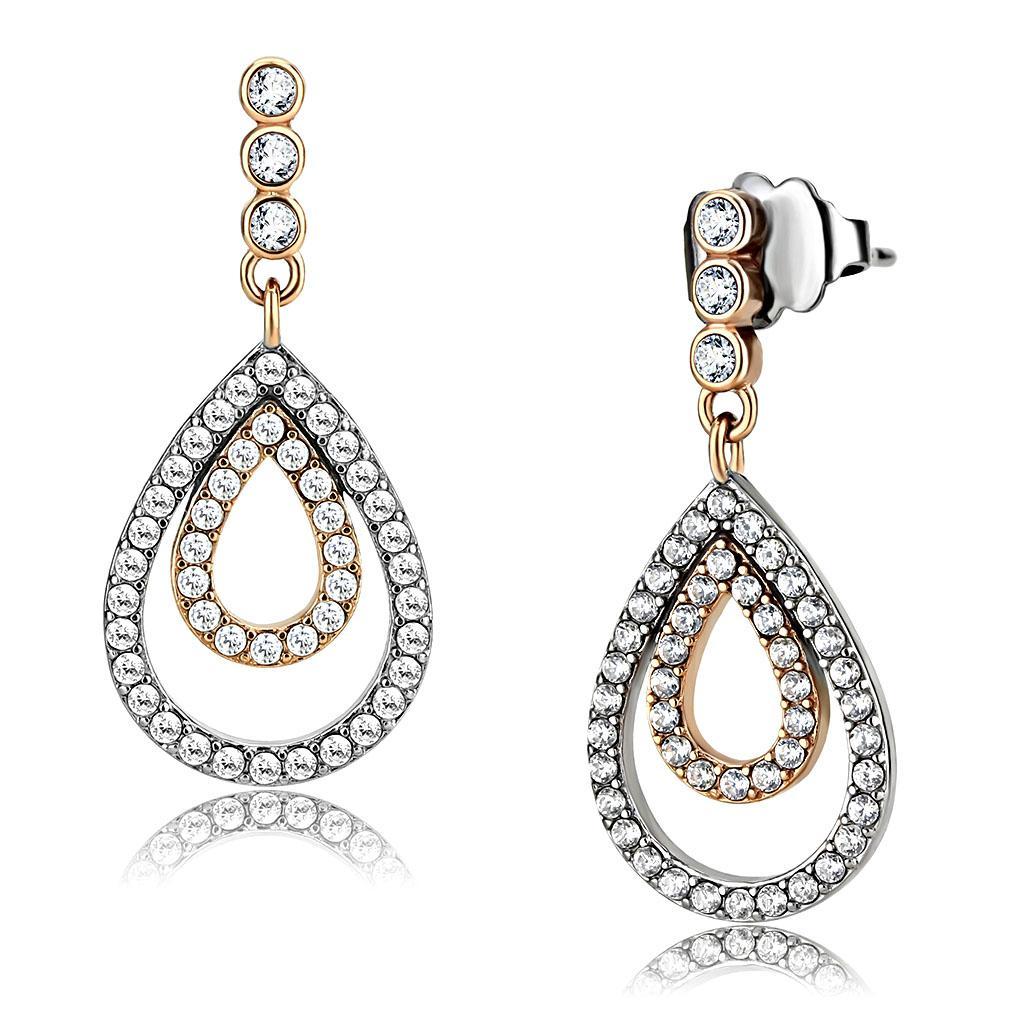 Rose Gold Two-Tone CZ Earrings - Elegant Stainless Steel