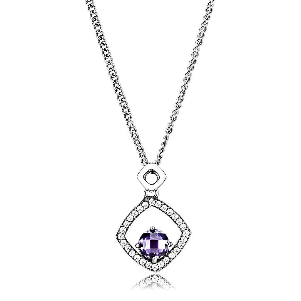 Amethyst CZ Pendant Necklace - 5mm Stainless Steel Chain