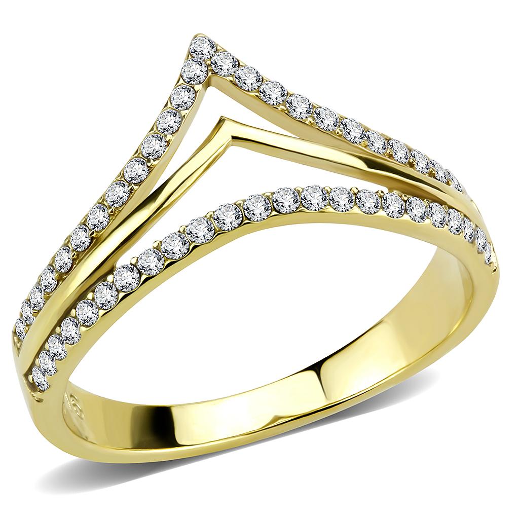 Gold Ion Plated Stainless Steel Ring with Clear CZ Stones