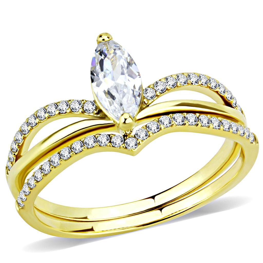 Gold Ion Plated Stainless Steel Ring with Clear CZ Stones