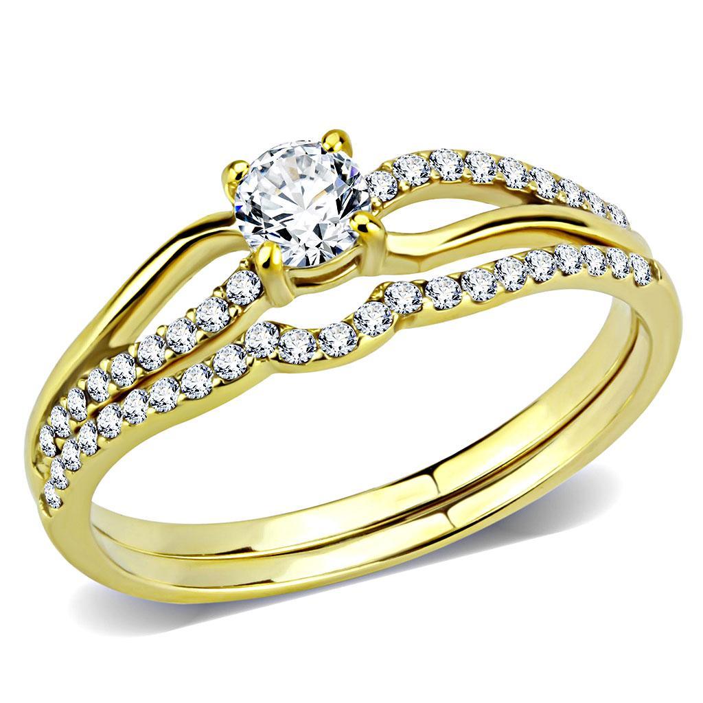 Gold Ion Plated Stainless Steel Ring with Clear CZ Stones