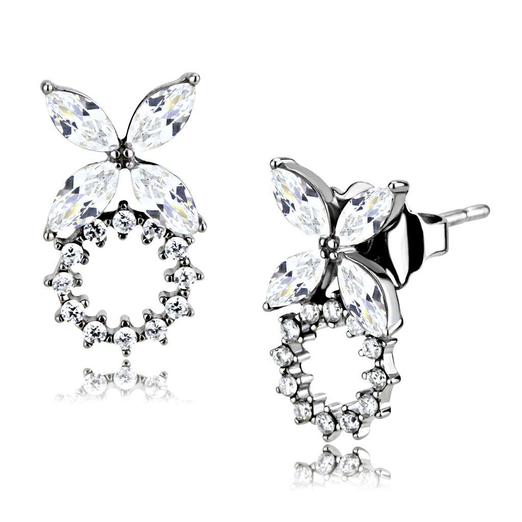 Stainless Steel Stud Earrings with AAA Grade Clear CZ - High Polish Finish