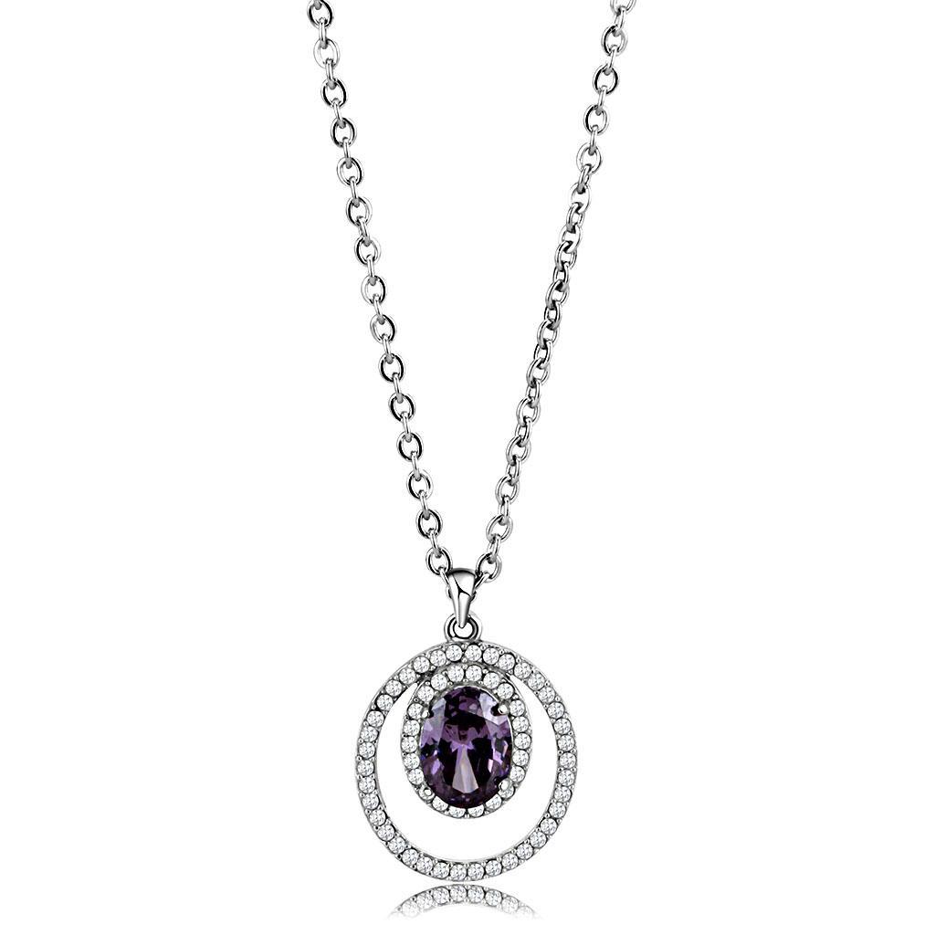Amethyst CZ Stainless Steel Pendant Necklace
