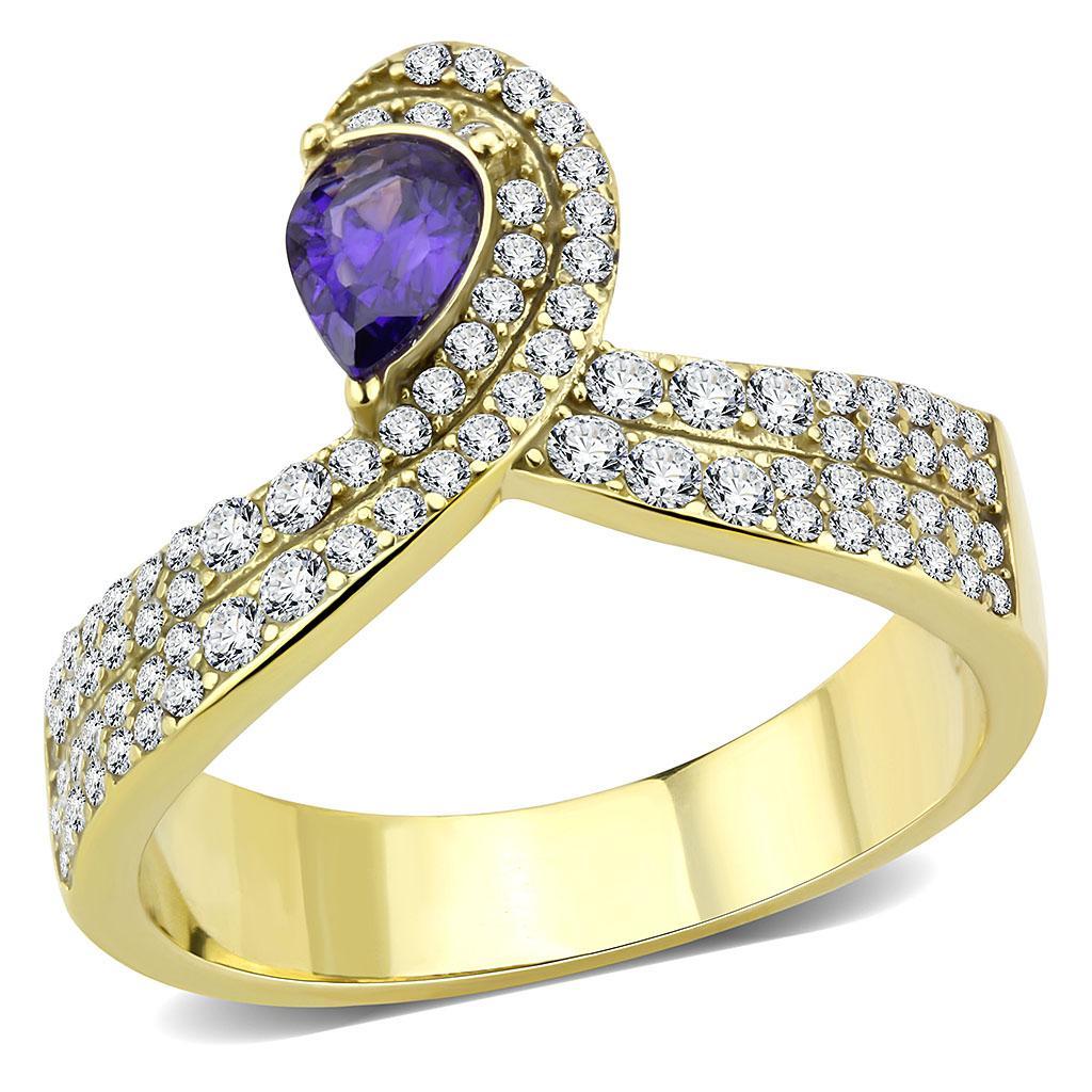 Gold Ion Plated Stainless Steel Ring with Tanzanite AAA Grade CZ Stones