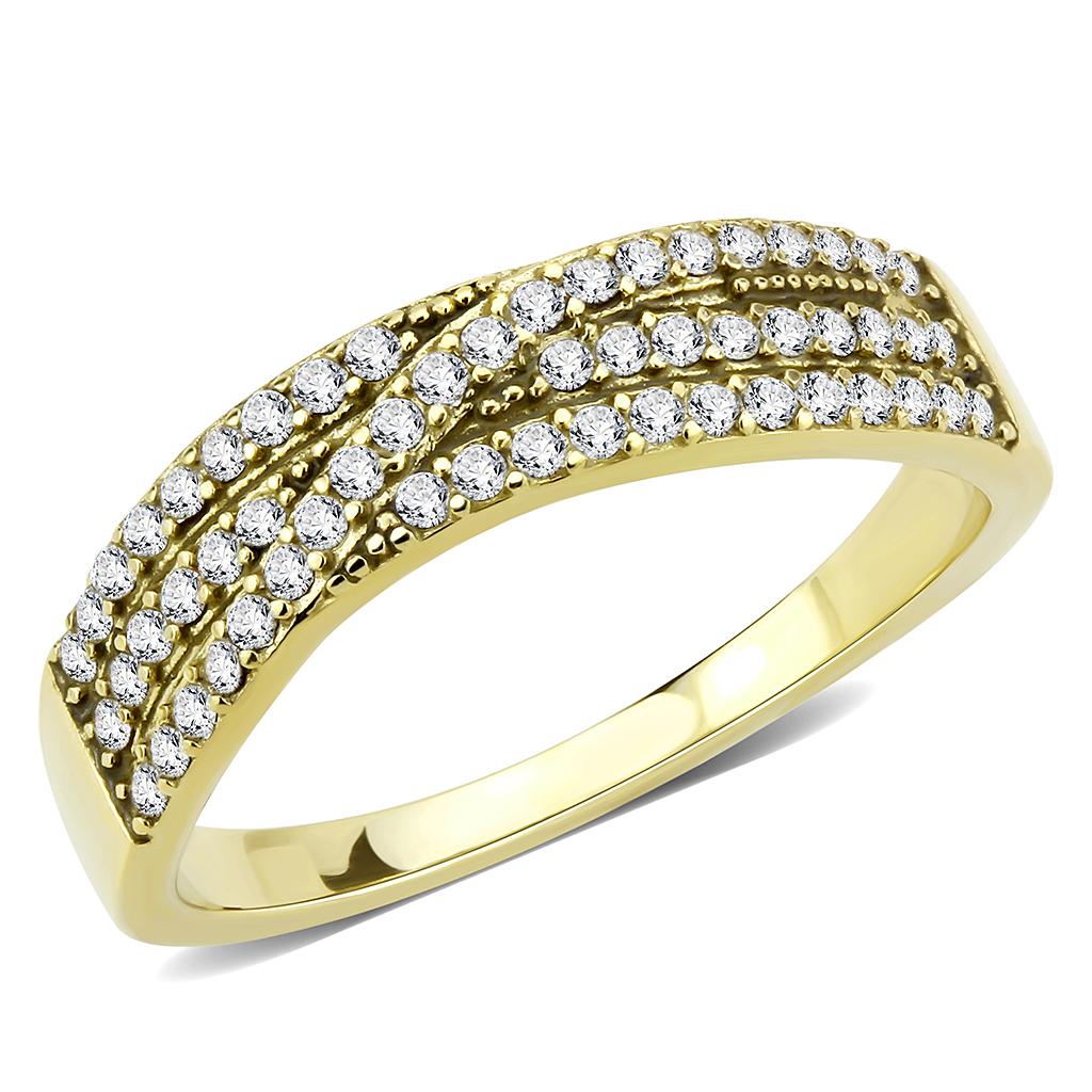 Gold Ion Plated Stainless Steel Ring with Clear AAA Grade CZ Stone