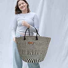 Balance Stripes Handmade Sisal Beach Market Sustainable Straw Basket Tote Bag