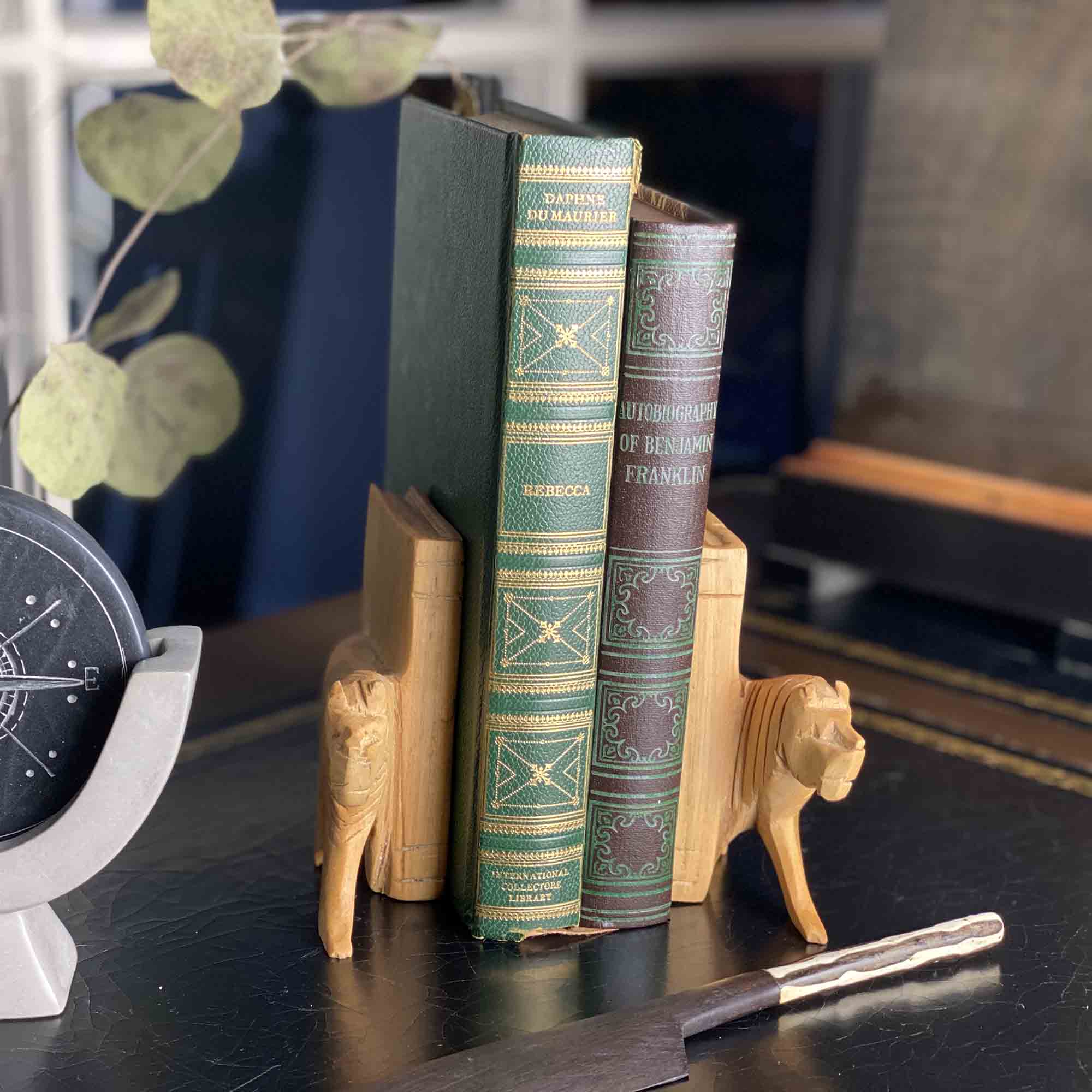 Carved Wood Lion Book Ends, Set of 2