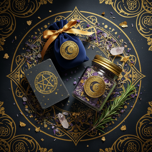 Protection & Prosperity Starter Spell Kit - flat lay with spell soap, sachet powder and bath crystals